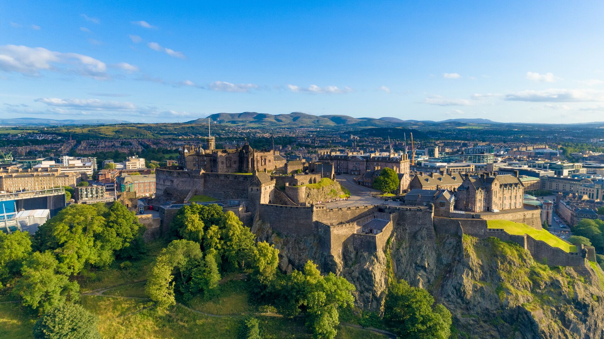 Aerial View Of Edinburgh Castle on a sunny day in Edinburgh, Scotland