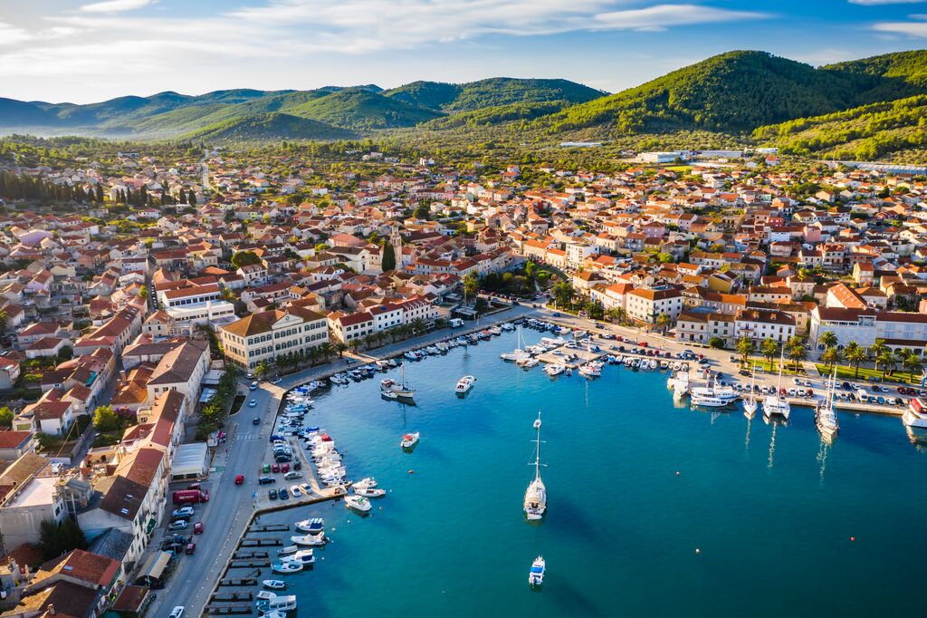 Aerial view of Vela Luka town on Korcula island, Croatia