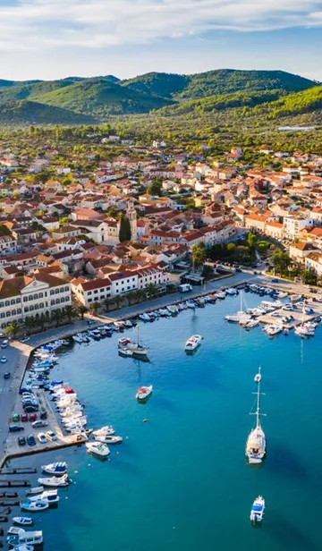 Aerial view of Vela Luka town on Korcula island, Croatia
