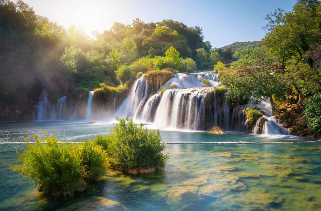 Panoramic Landscape Of Krka Waterfalls On The Krka River In Krka National Park In Croatia
