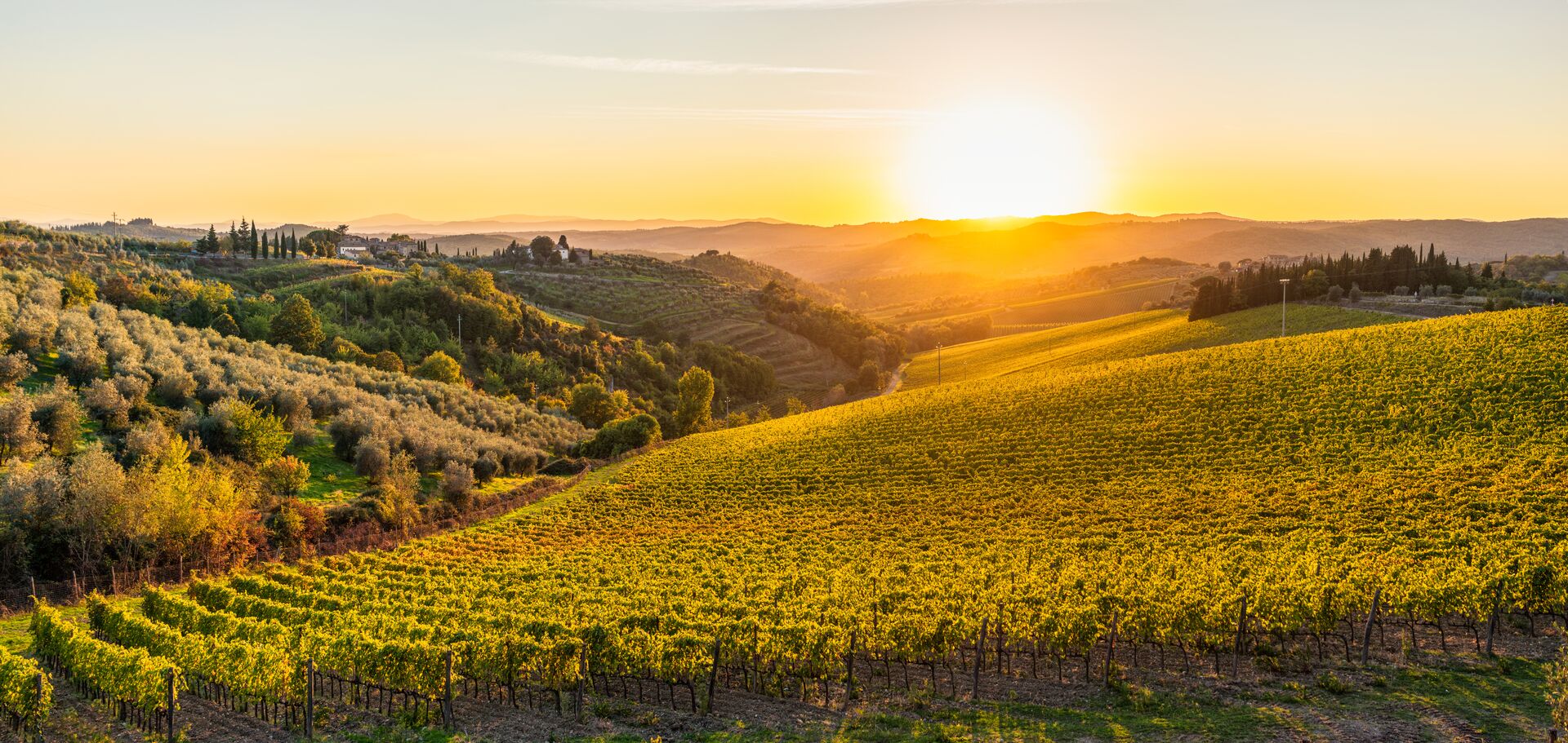 Sunset over the hills of Tuscany, Italy in Autumn