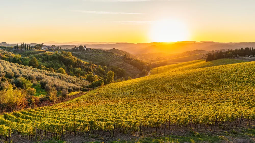 Sunset over the hills of Tuscany, Italy in Autumn