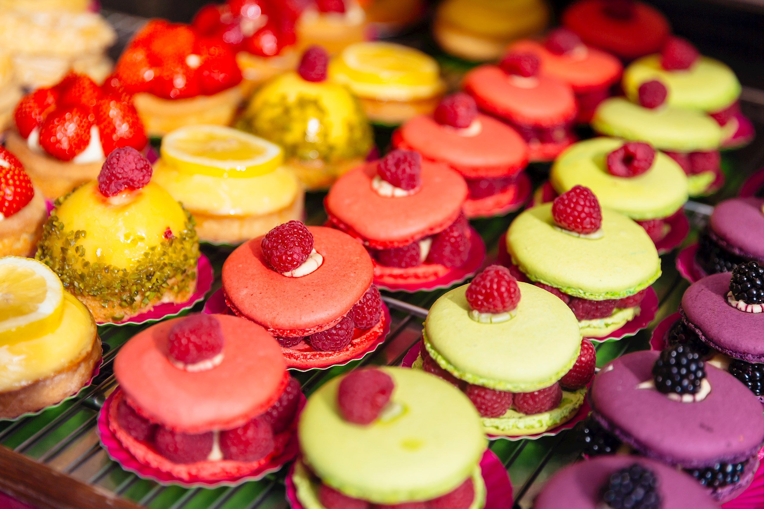 Macaroons on display in a Parisian cafe
