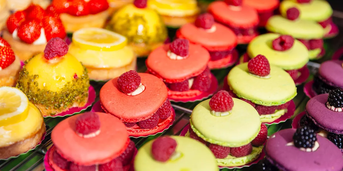 Macaroons on display in a Parisian cafe