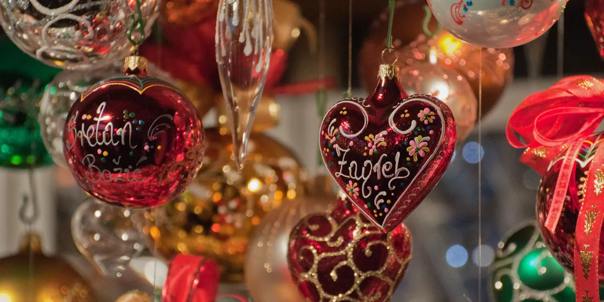Christmas decorations hanging up at a Christmas Market