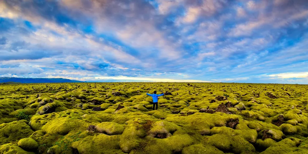 Solo traveller in a lava moss field in Iceland