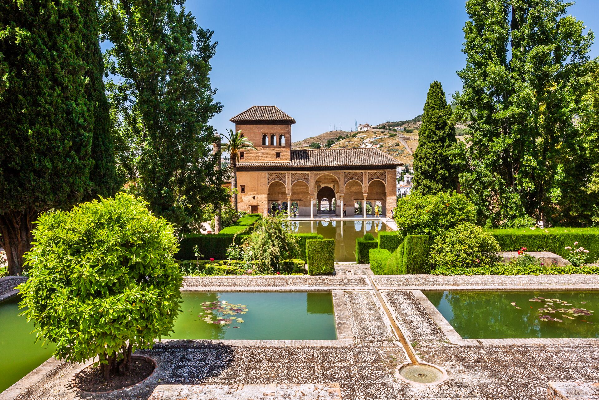 The gardens of the Alhambra in Grenada, Spain on a sunny day