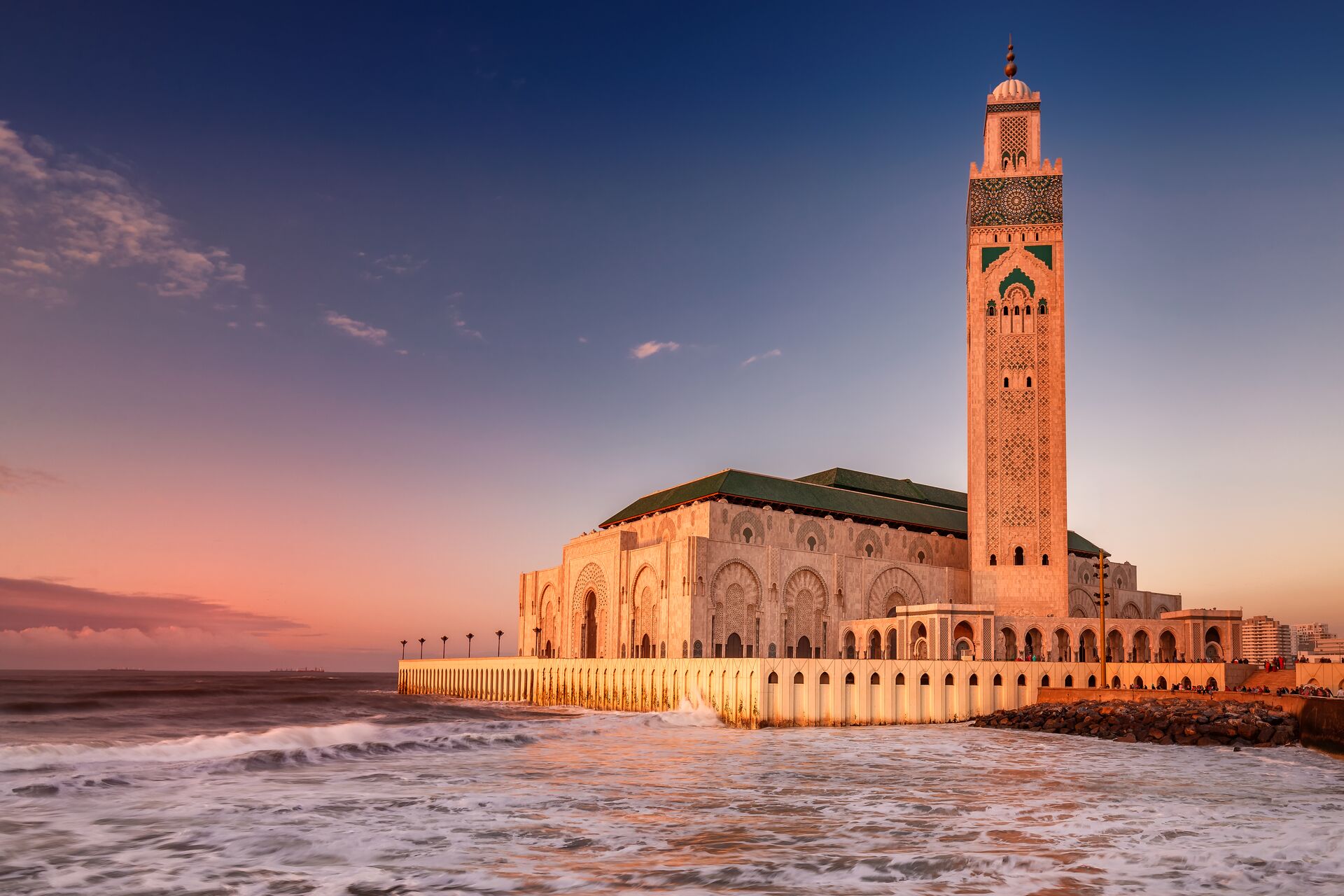 Casablanca Mosque at dusk in Morocco