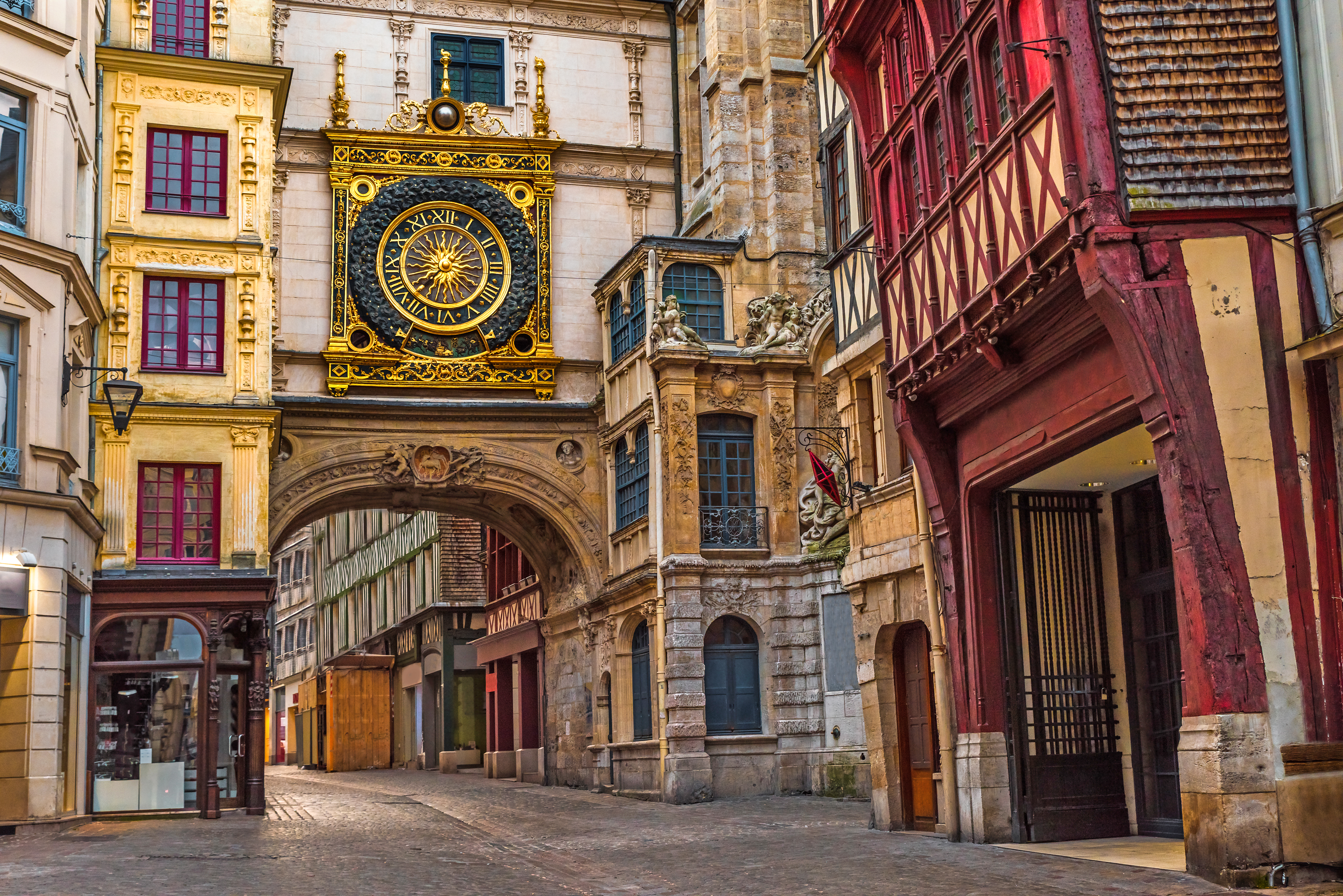 The great clock in the medieval city of Rouen, France
