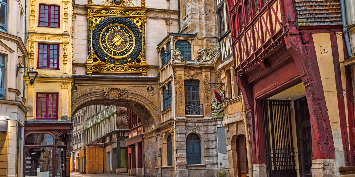 The great clock in the medieval city of Rouen, France