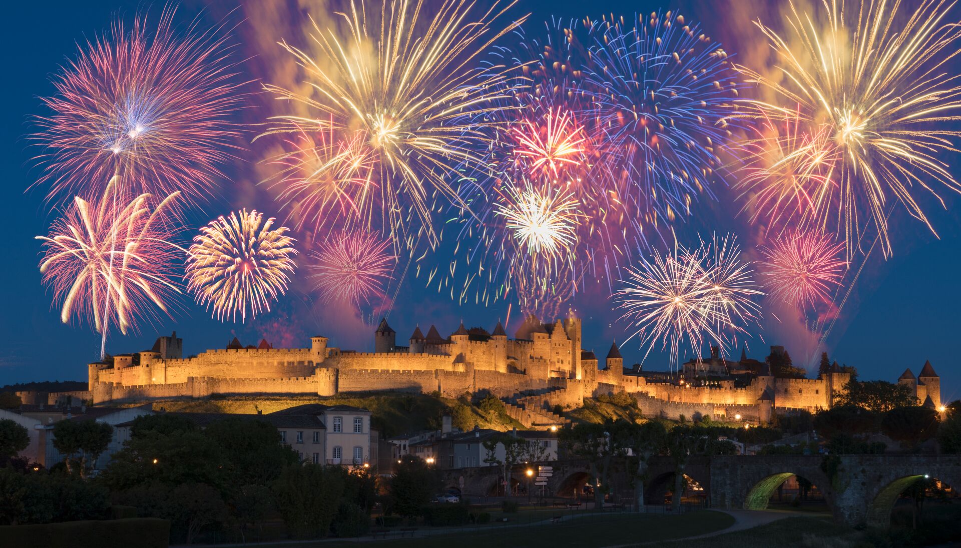 Fireworks over a Medieval city