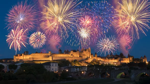 Fireworks over a Medieval city