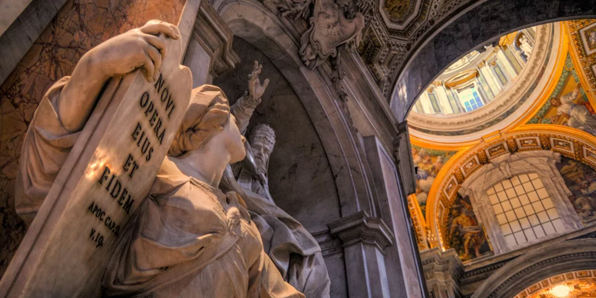 Close up view of a statue inside the Basilica in Vatican City