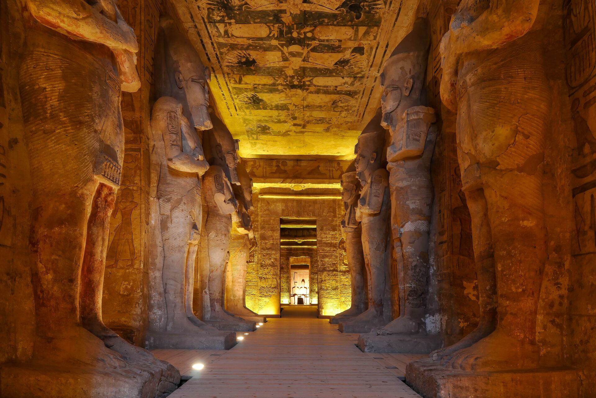 The illuminated entrance to Abu Simbel Temple in The Valley of the Kings, Egypt