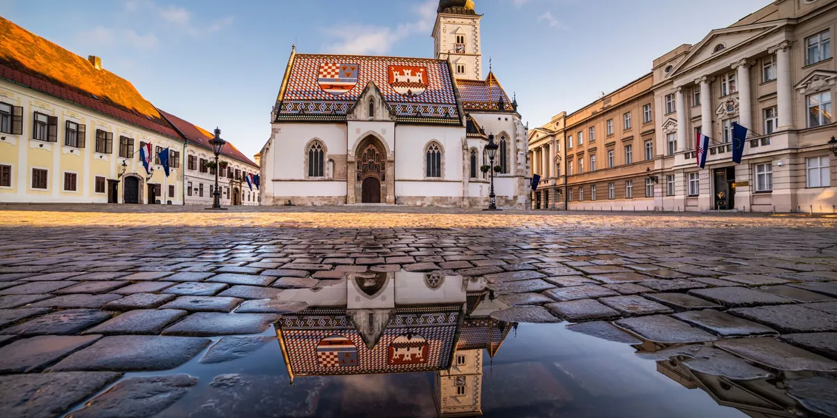 Panoramic view of St Mark's Church at sunrise inZagreb, Croatia