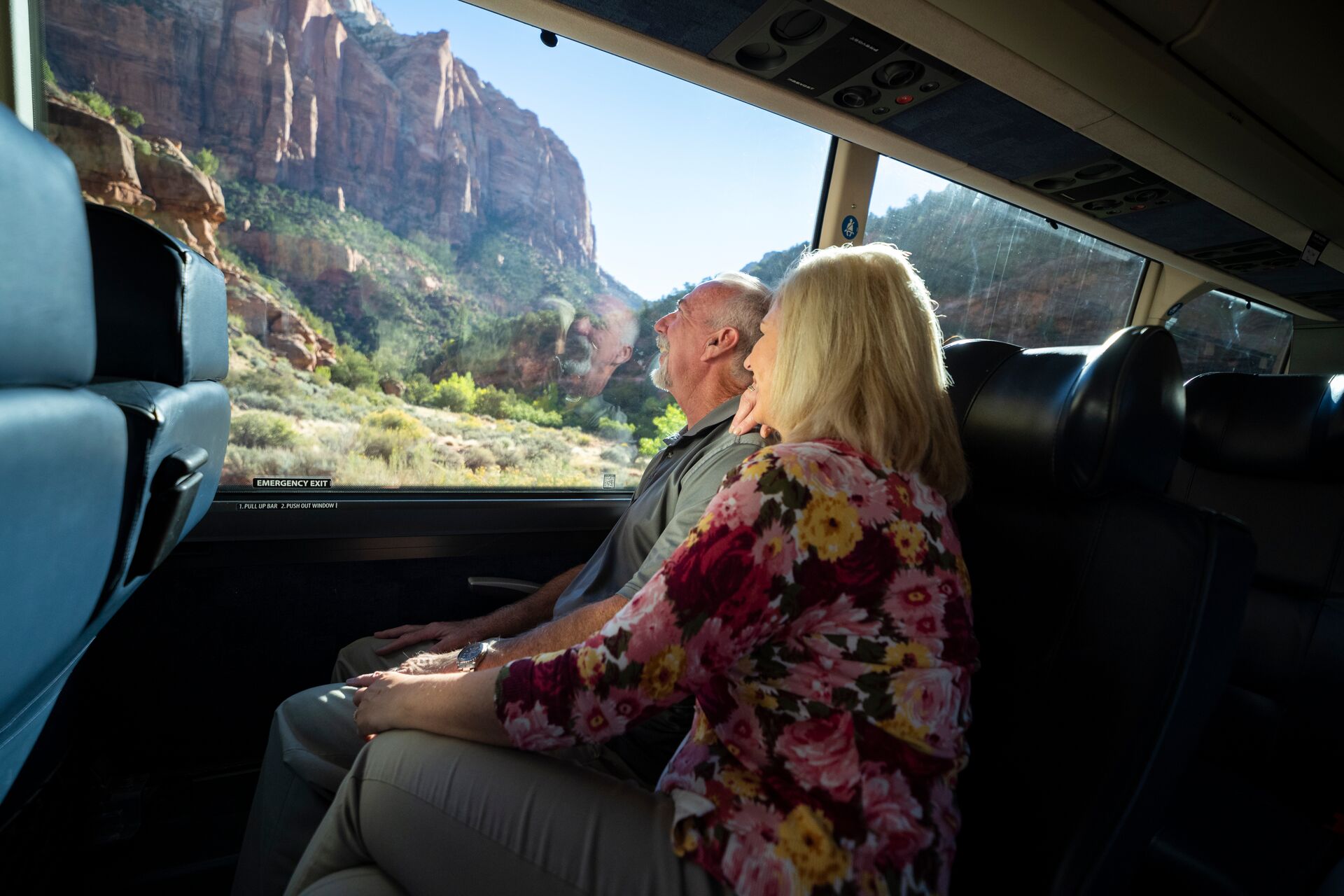 A copule looking out of their coach at Zion National Park in Utah, USA