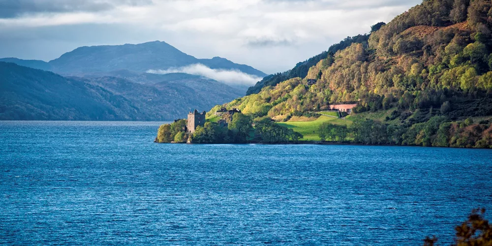 Loch Ness view with Urquhart Castle in the distance, Loch Ness, Scotland