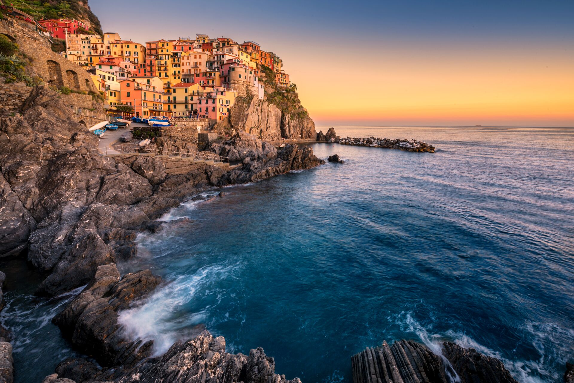 Manarola, Italy (part of the Cinque Terre in Liguria) at twilight 