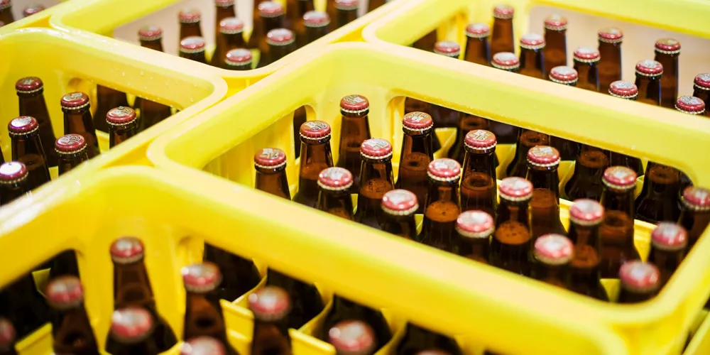 Yellow plastic crates with beer bottles in a brewery
