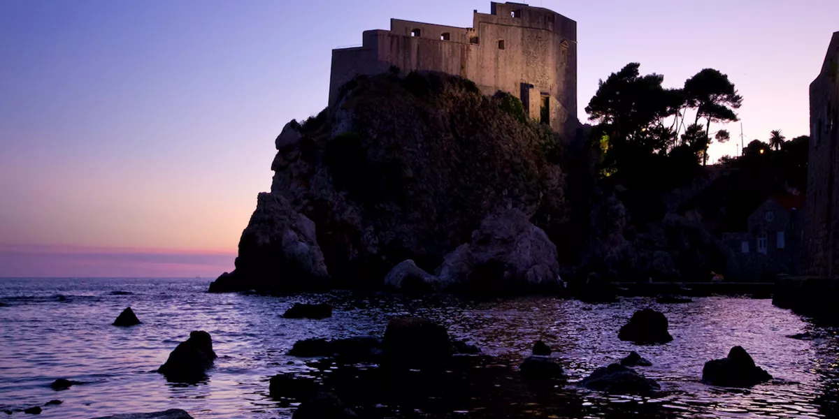 A view of a castle at the sea at sunset, Bulgaria.