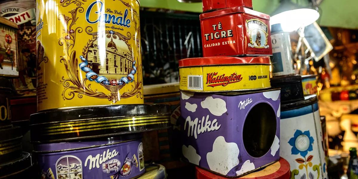 Tin in boxes in Mercado de San Telmo, Buenos Aires, Argentina