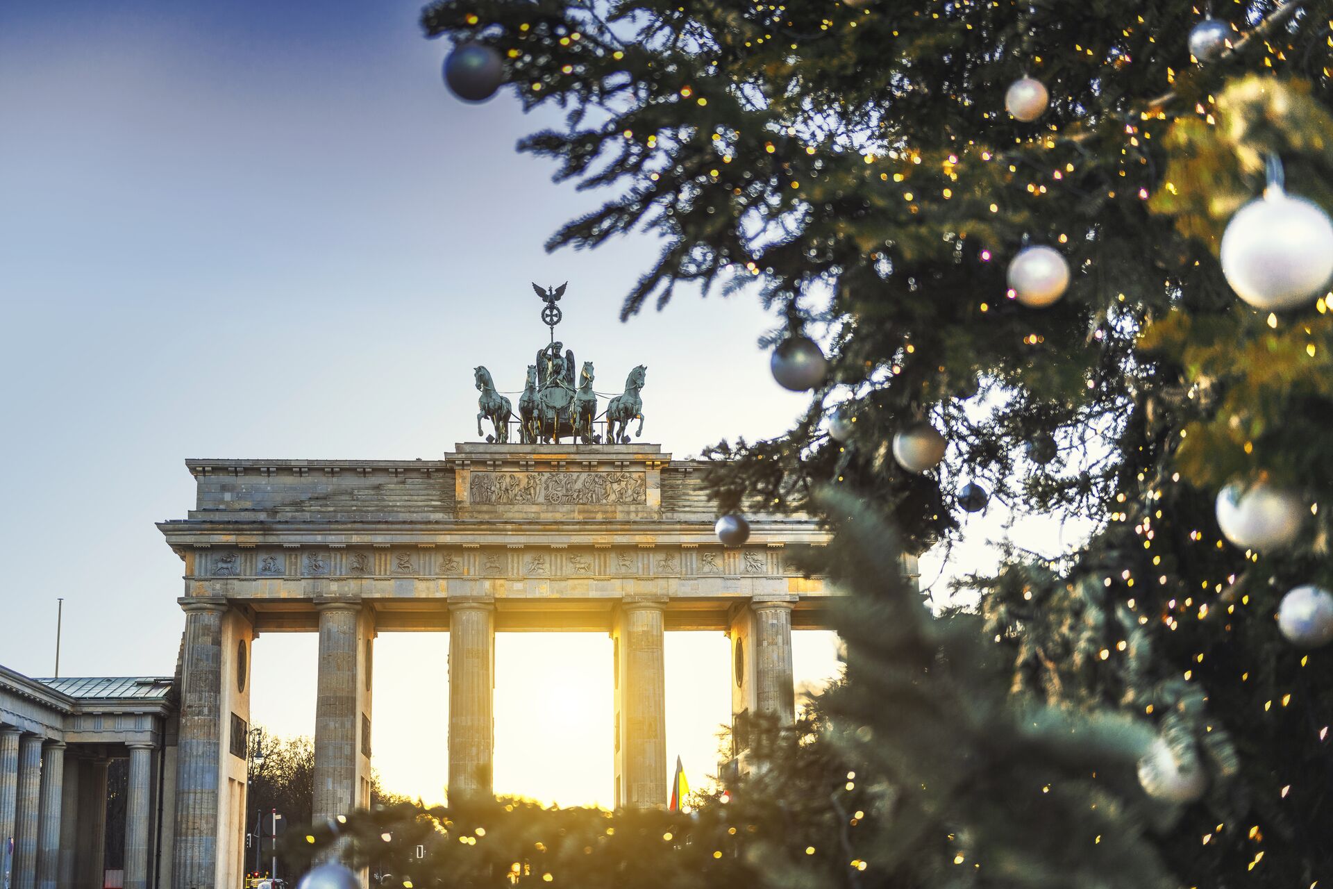 Brandenburger Gate behind a Christmas tree in Berlin, Germany