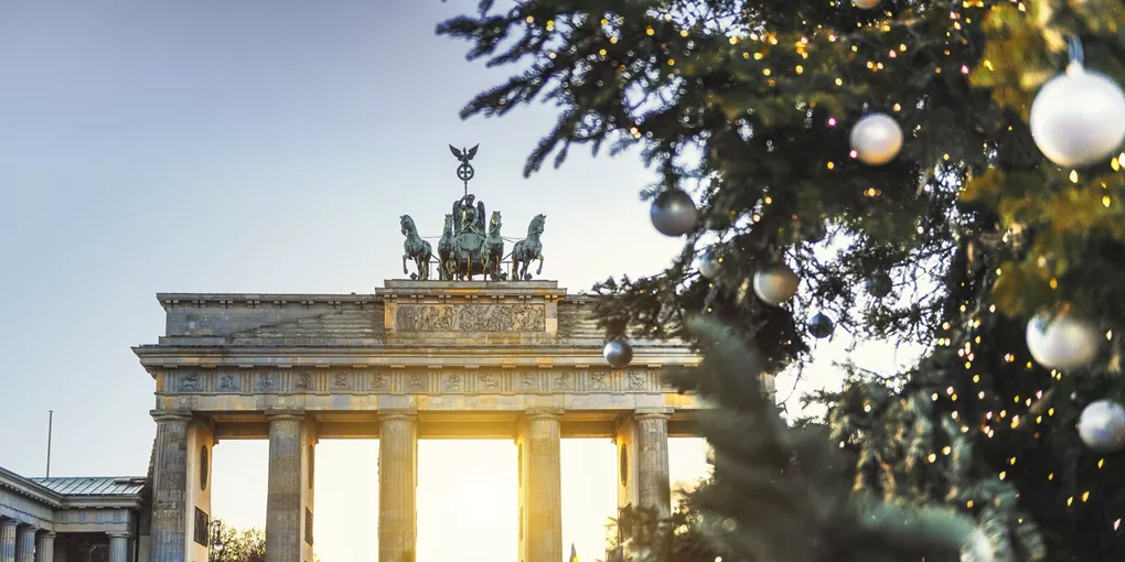 Brandenburger Gate behind a Christmas tree in Berlin, Germany