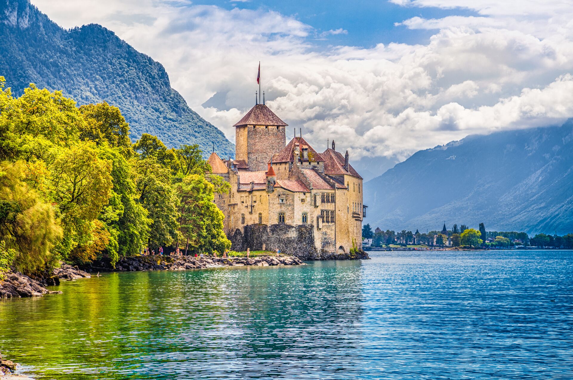 Chateau De Chillon, a historic castle on Lake Geneva in the Canton Of Vaud, Switzerland