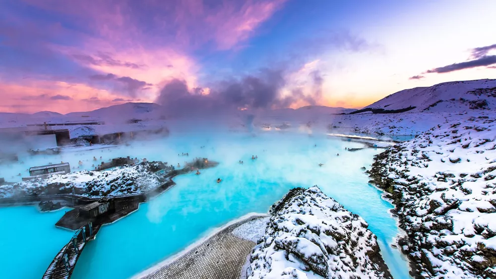People bathing in the blue lagoon hot spring in Iceland, Europe