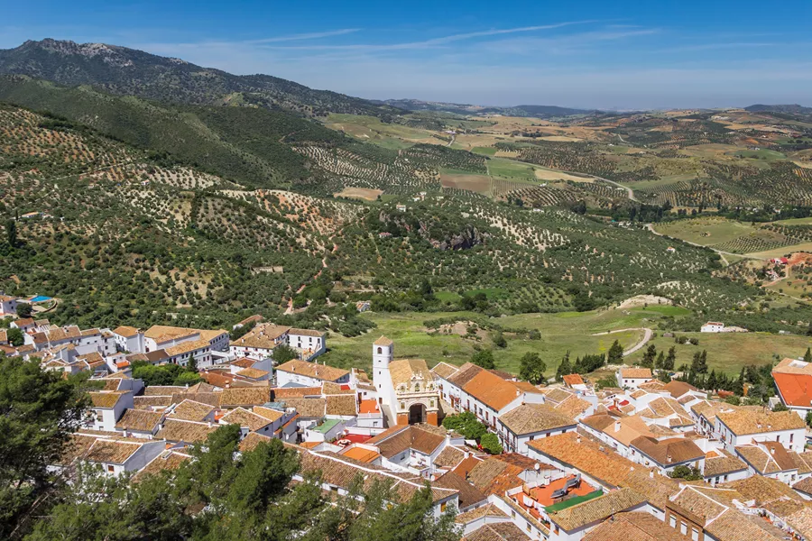 Panorama of a town among green hills