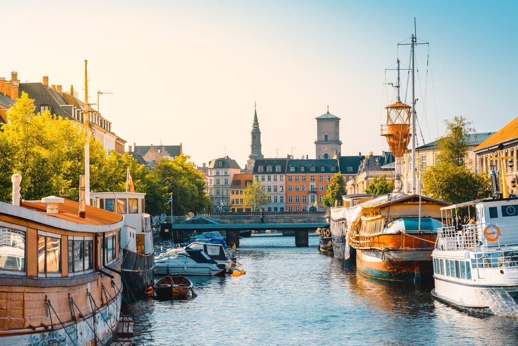 Moored Boats Along A Narrow Canal In Copenhagen Old Town, Denmark
