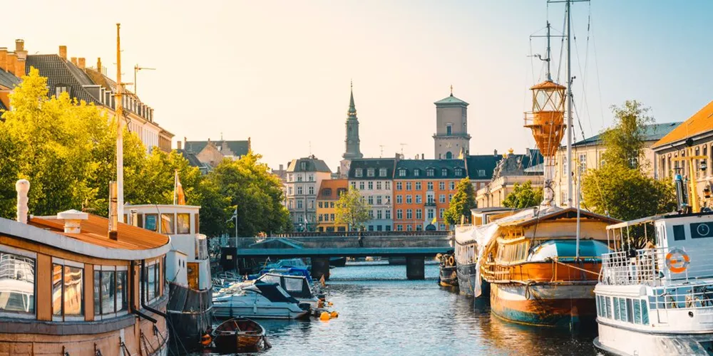 Moored Boats Along A Narrow Canal In Copenhagen Old Town, Denmark