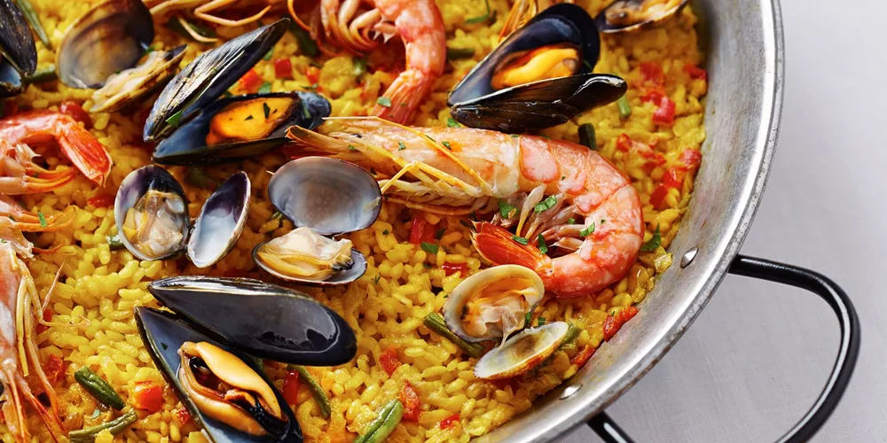 Close up view of a seafood Paella