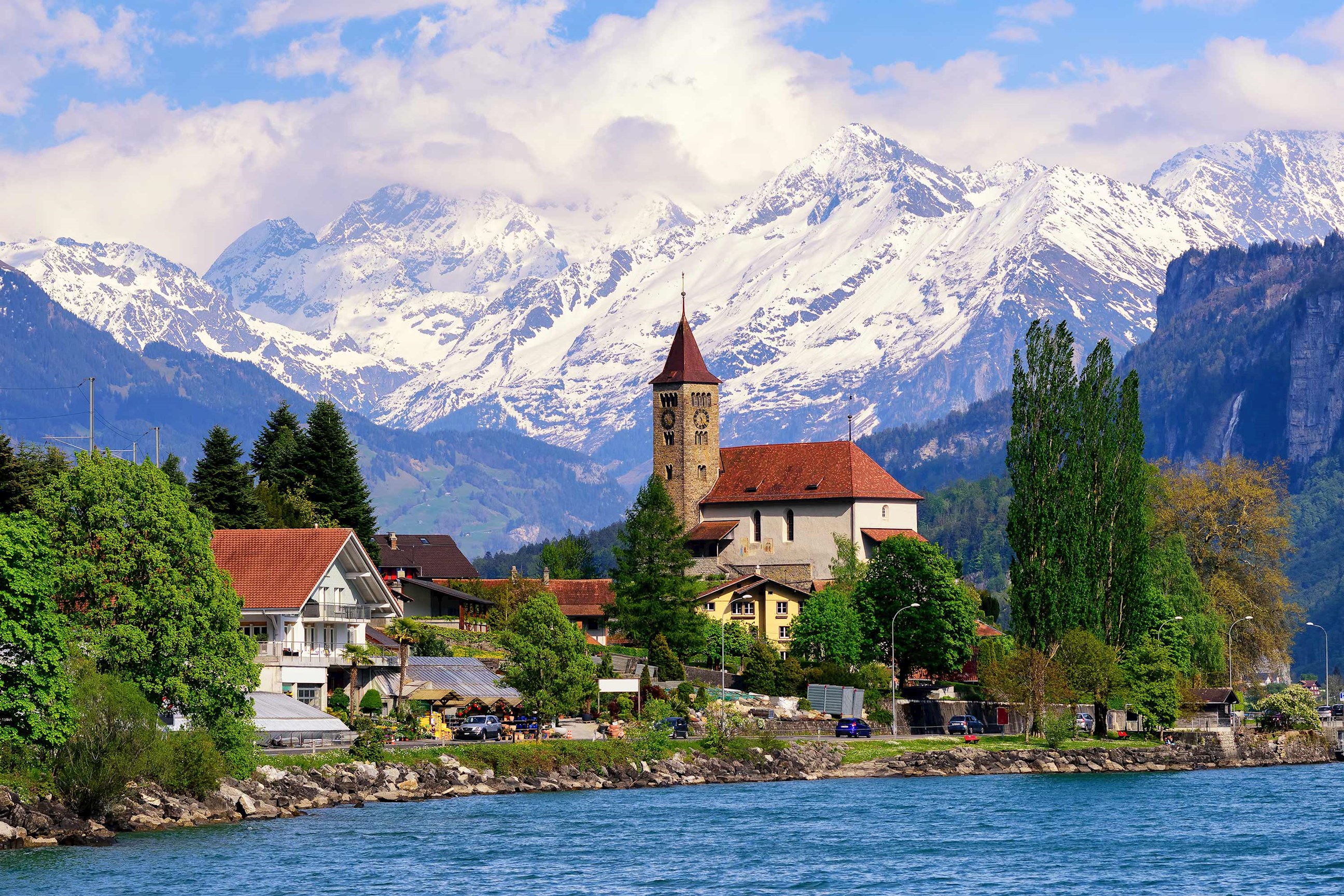Alpine buildings on Lake Brienz near Interlaken in Switzerland