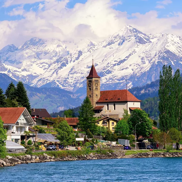 Alpine buildings on Lake Brienz near Interlaken in Switzerland