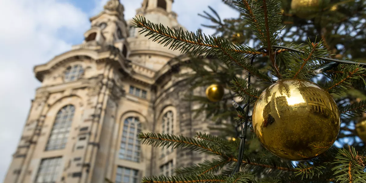 Frauenkirche Church with a Christmas tree in the foreground in Dresden, Germany
