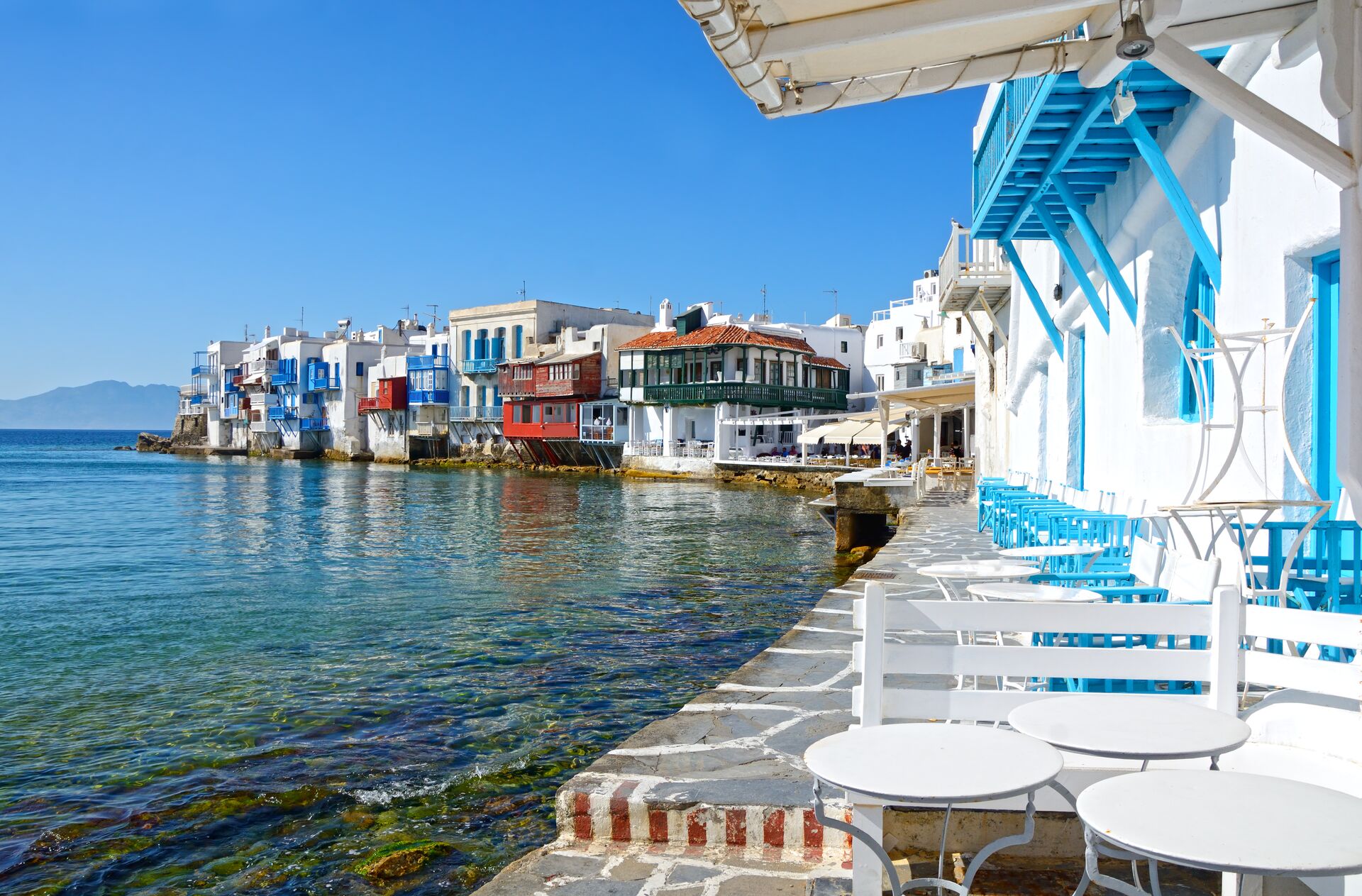 Traditional taverna overlooking the Mediterranean in Mykonos, Greece