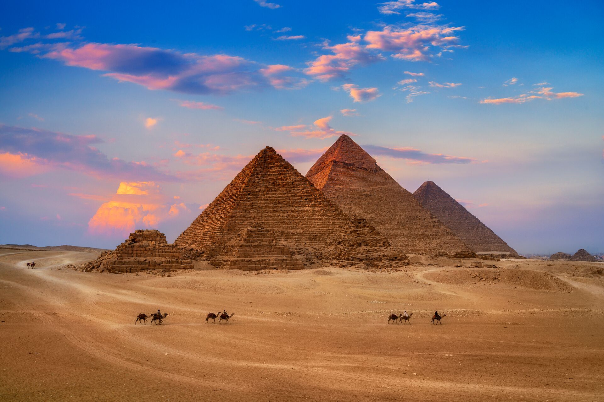 Giza Pyramids, one of the Wonders Of The World, at sunset in Eygpt