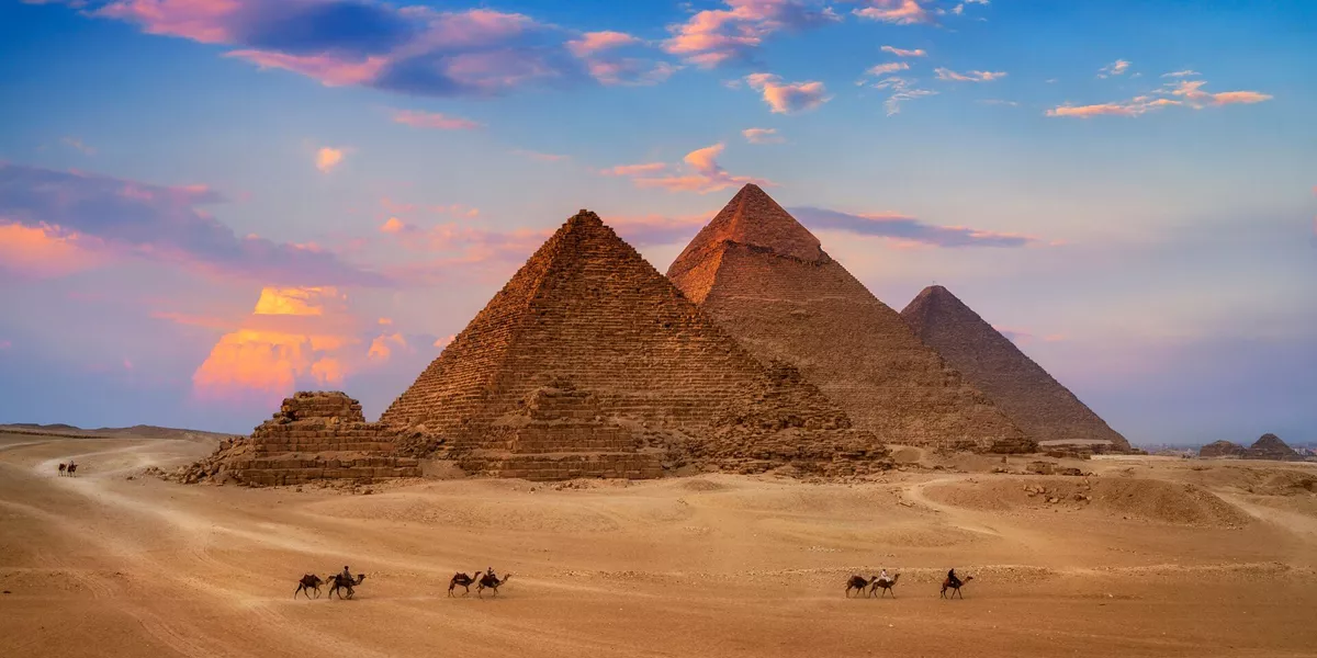 Giza Pyramids, one of the Wonders Of The World, at sunset in Eygpt