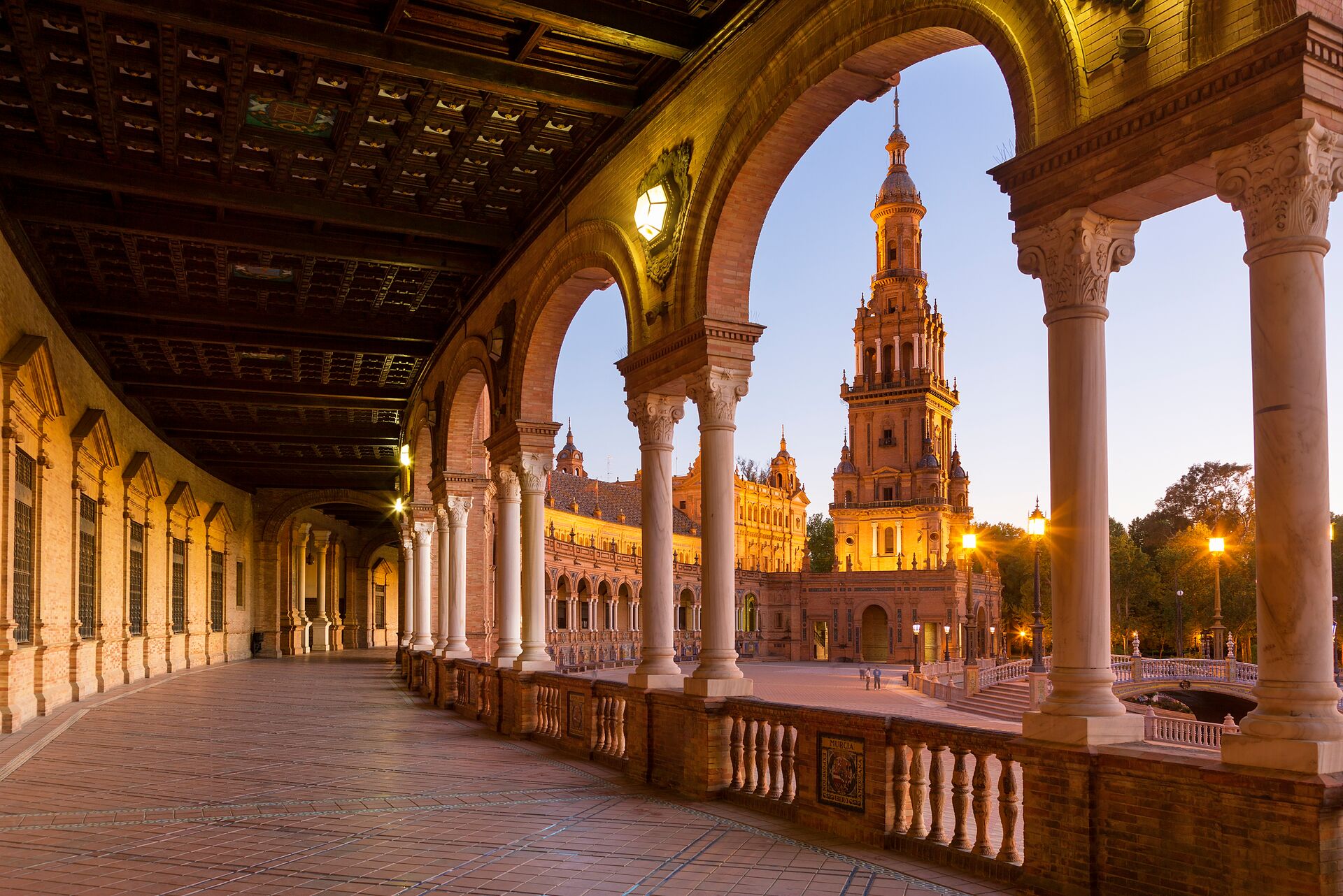 Plaza De Espana in Seville, Spain at Dusk