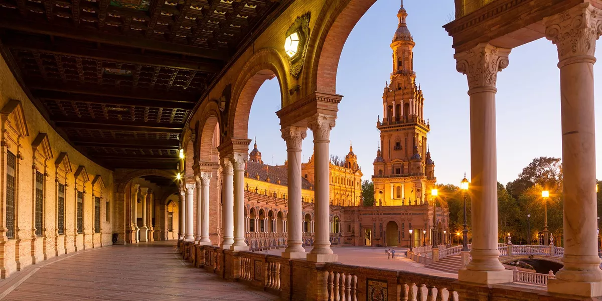 Plaza De Espana in Seville, Spain at Dusk