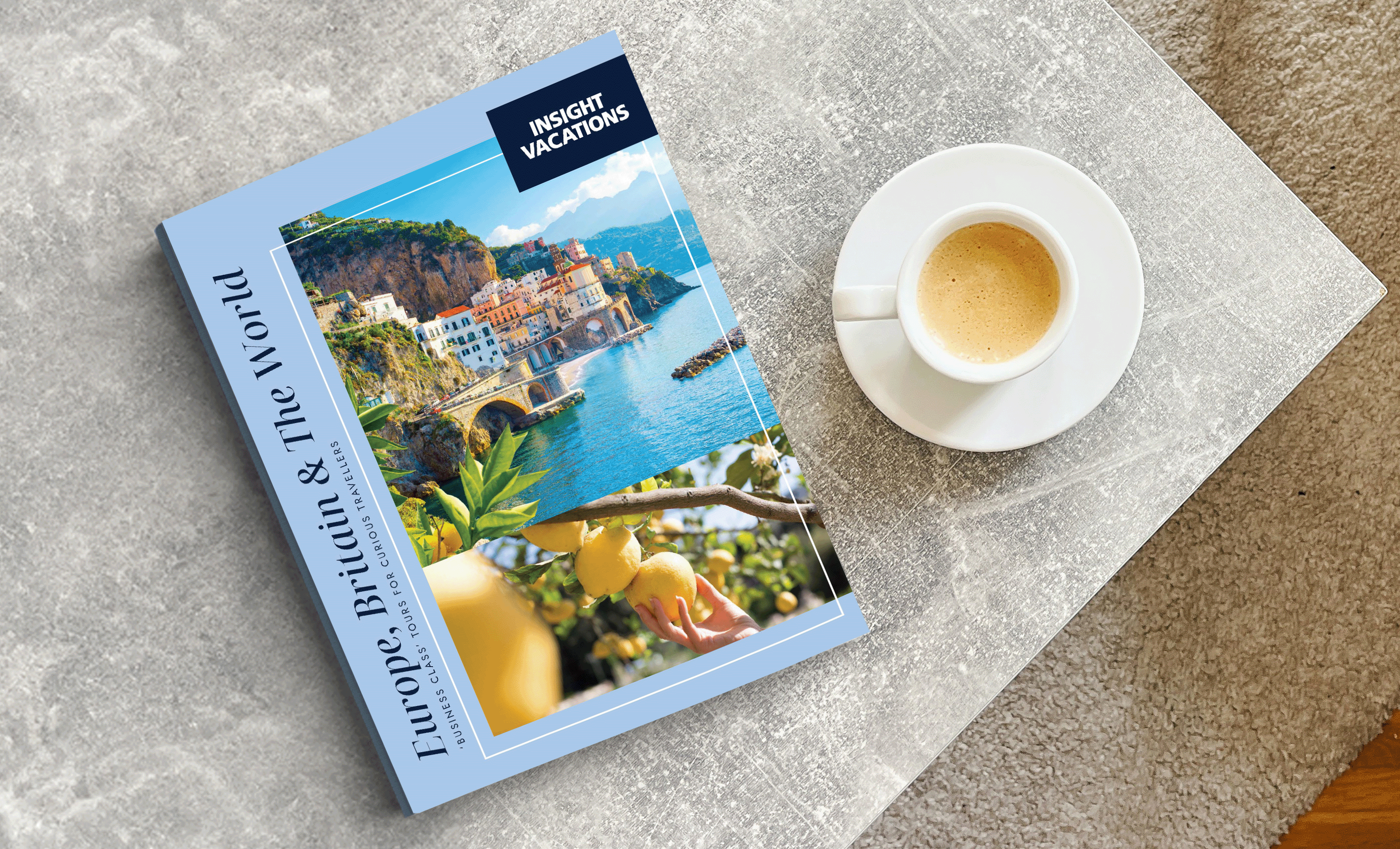 Insight Vacations brochure on table next to a cup of coffee