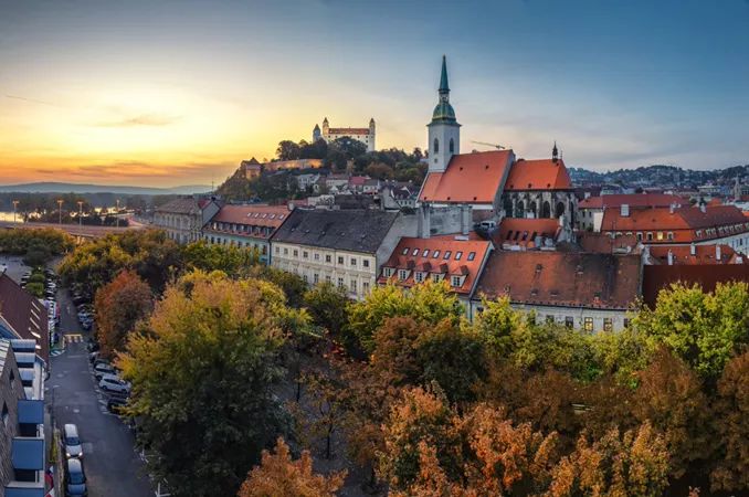 A sunset over Old Town in Bratislava, Slovakia