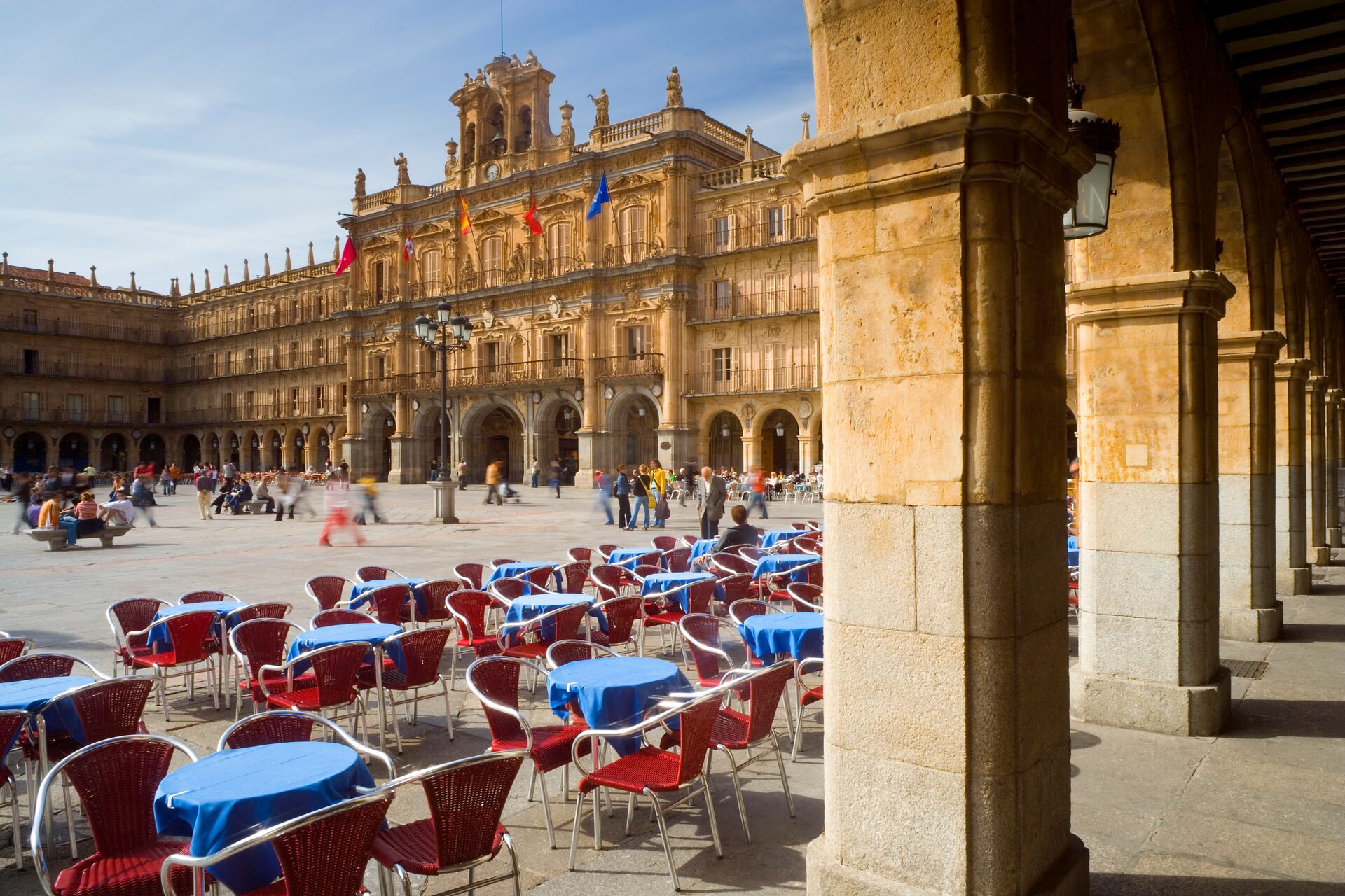 People walking around the Plaza Mayor in Salamanca, Spain