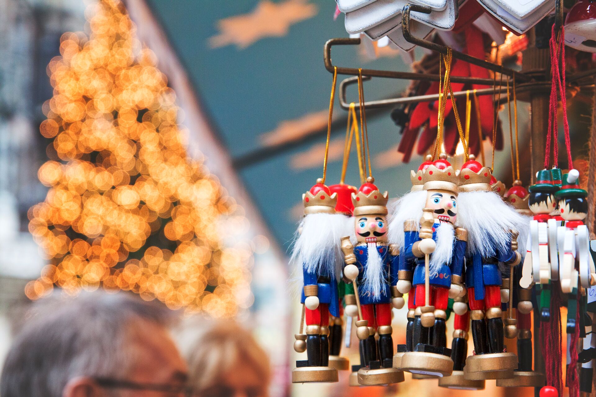 Traditional toy nutcrackers hanging up in Marienplatz Christmas Market, Munich in Germany
