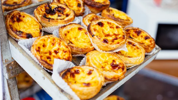 Traditional Pastel De Nata on sale in a market in Portugal