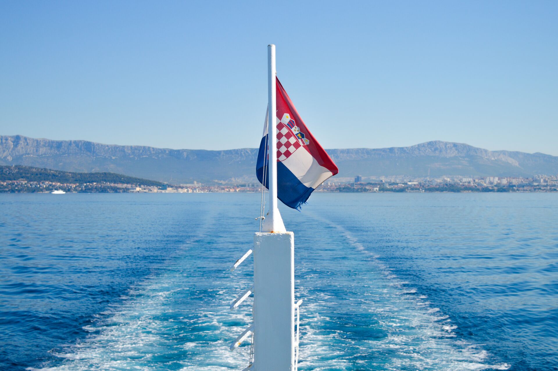 Croatian Flag on the Stern of a Ferry on the Dalmatian Coast