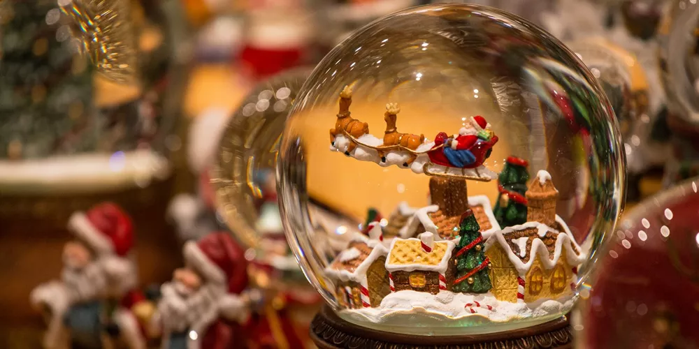 Close up of Christmas snowglobe at a Christmas Market