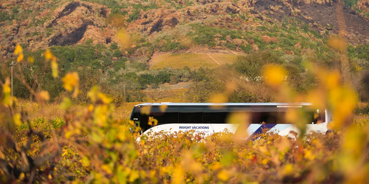 Insight Vacations coach driving through Sonoma in Northern California, USA