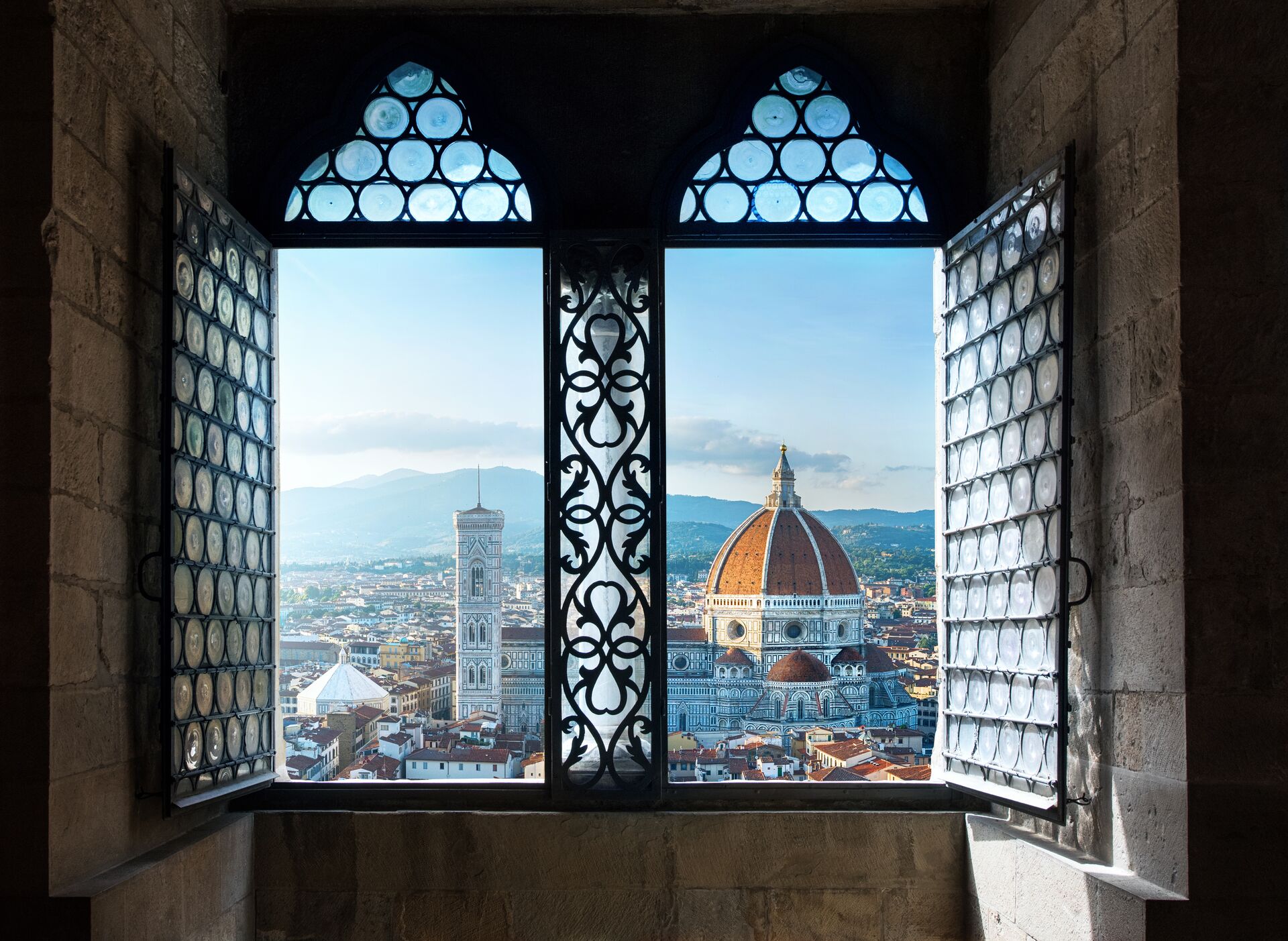 Beautiful Florence skyline through old window
